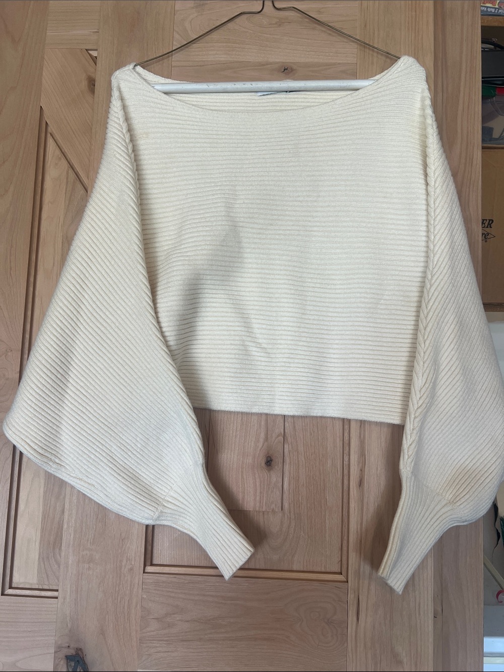 Lush Cream Off-the-Shoulder cropped Ribbed Knit Sweater